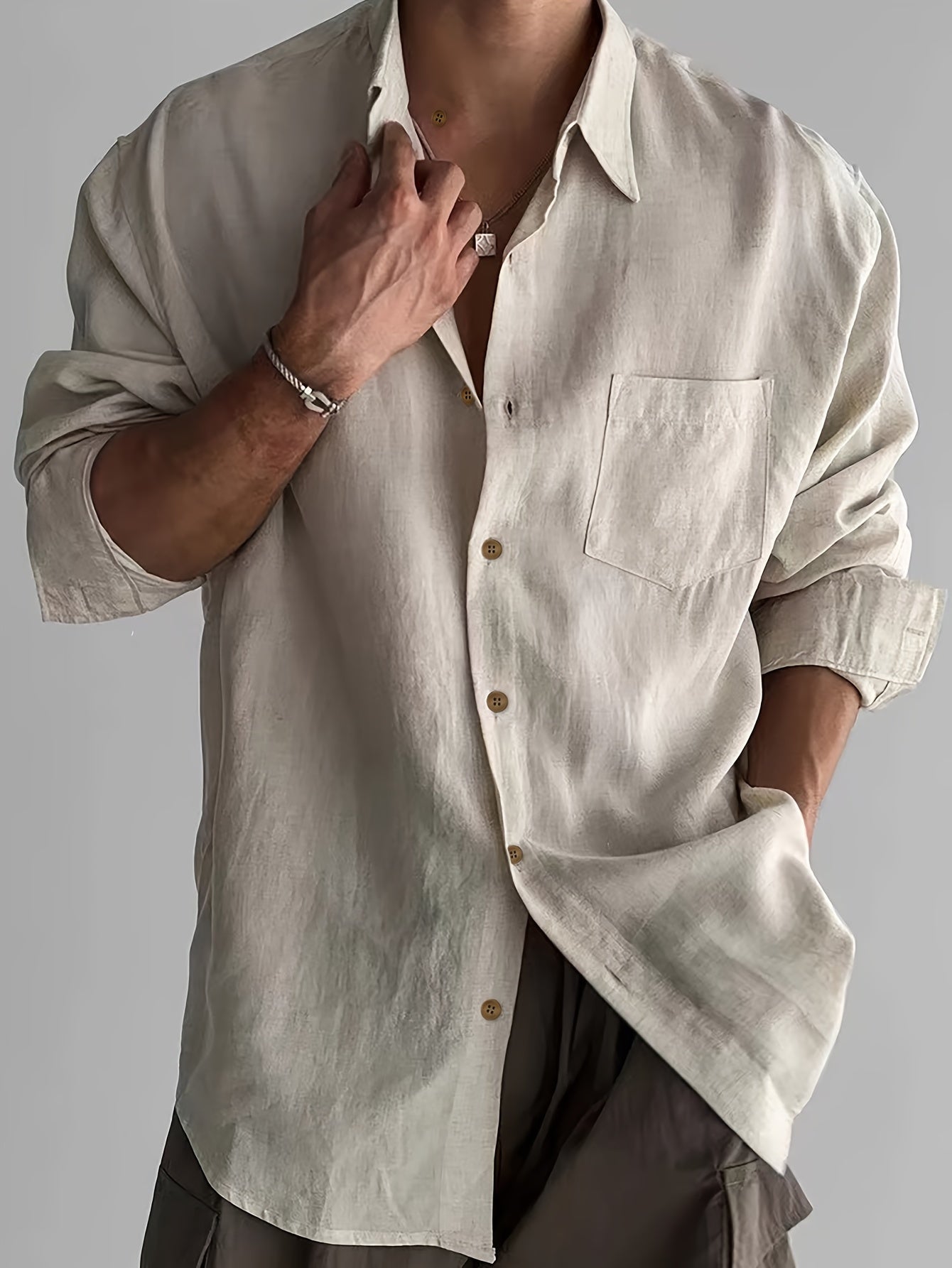 Herren Khaki Leinen Sommerhemd - Oversized und Langarm