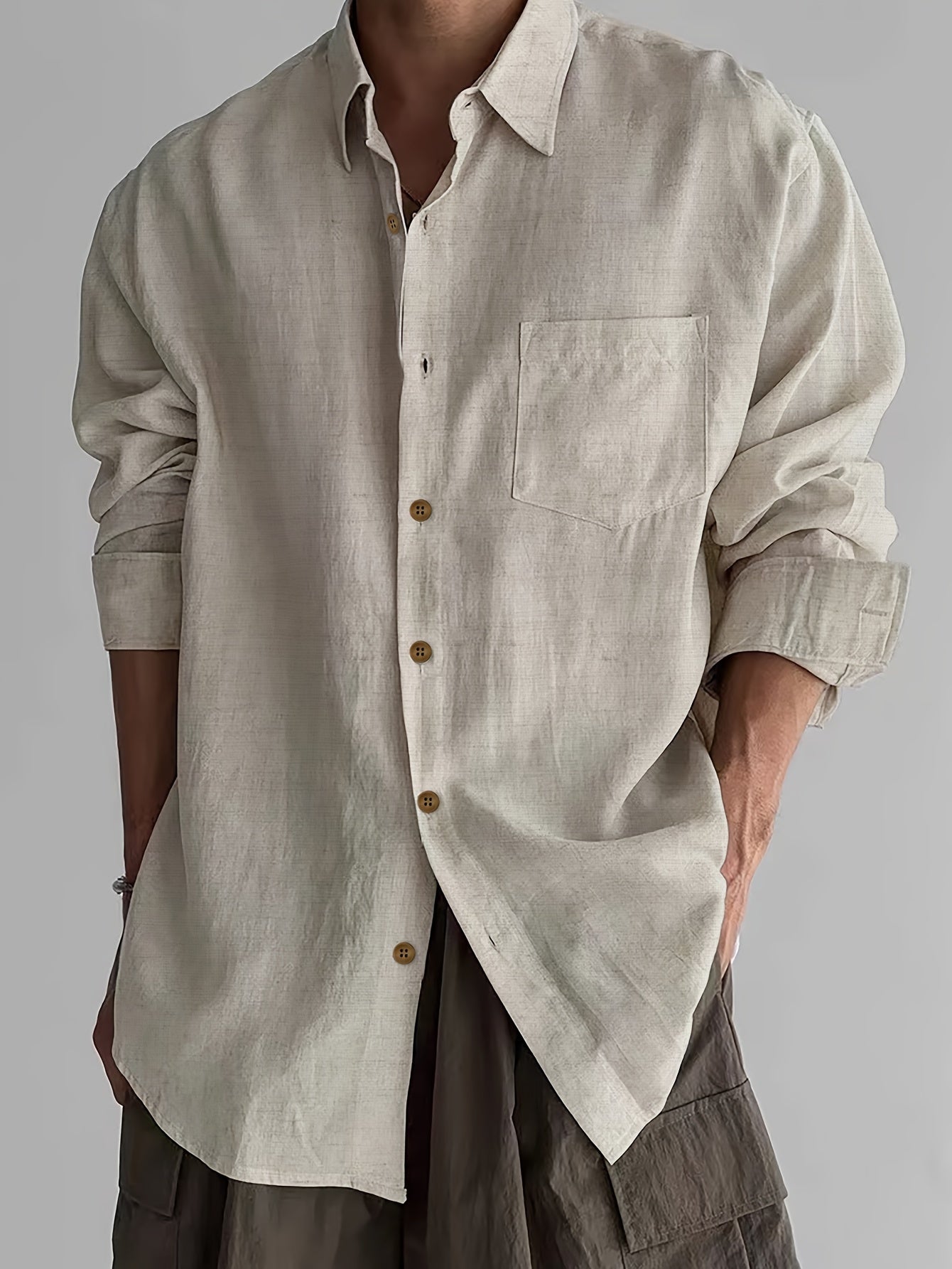 Herren Khaki Leinen Sommerhemd - Oversized und Langarm
