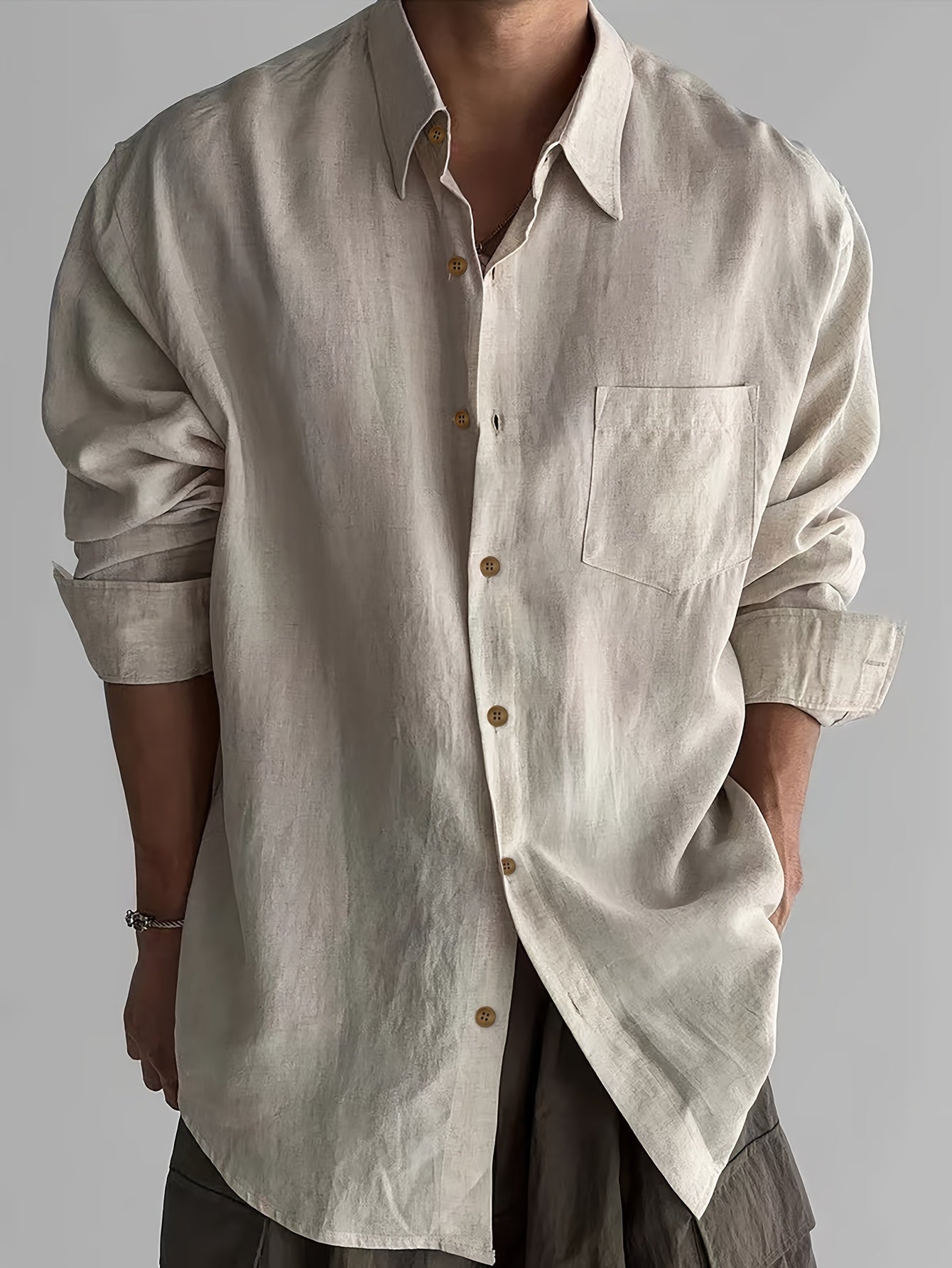 Herren Khaki Leinen Sommerhemd - Oversized und Langarm