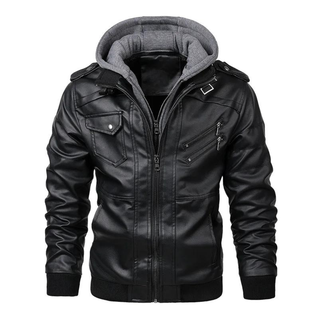 Herren Warme Lederjacke Mit Kapuze