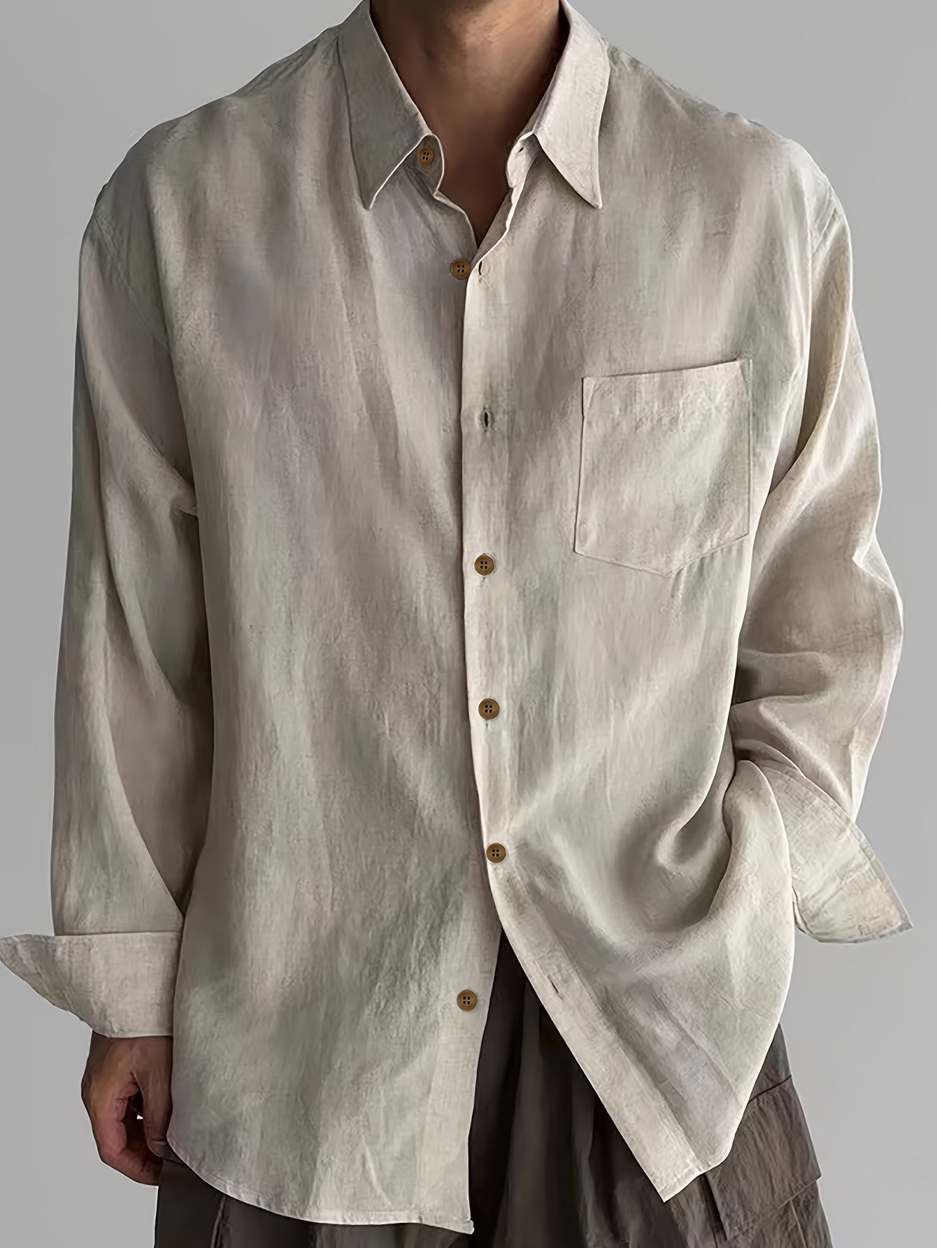 Herren Khaki Leinen Sommerhemd - Oversized und Langarm
