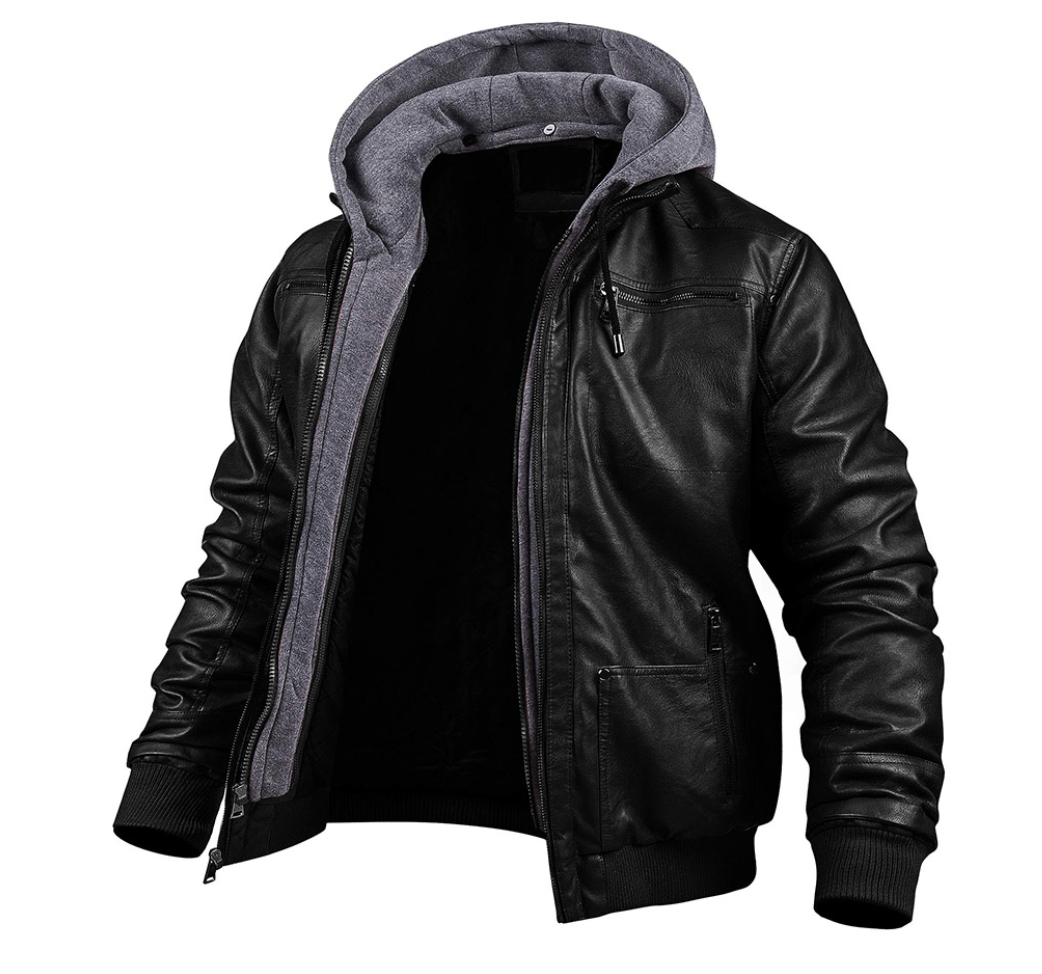 Herren Läder Winterjacke mit Kapuze