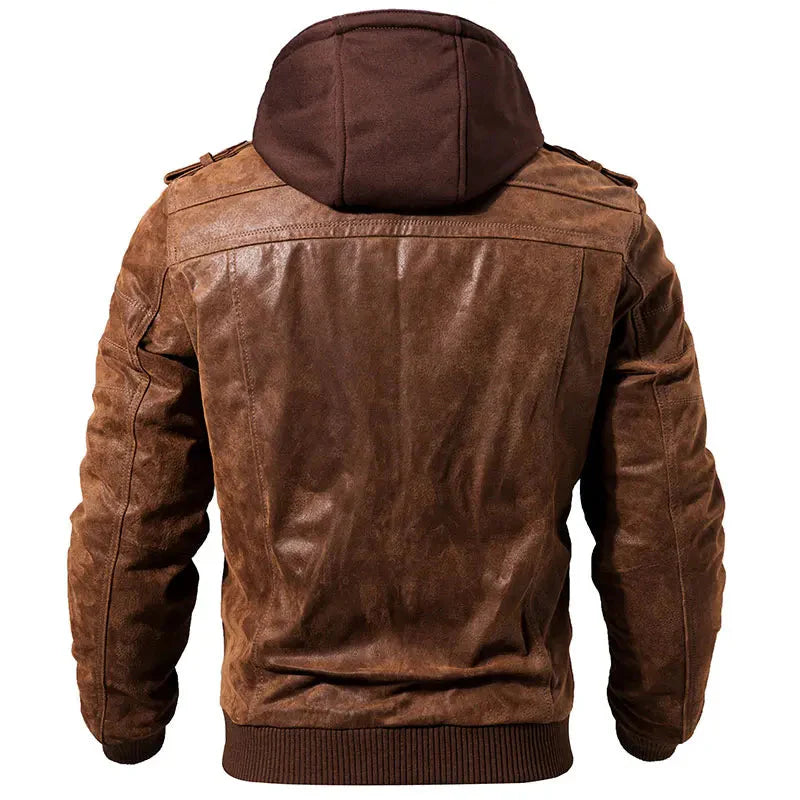 Herren Warme Lederjacke Mit Kapuze