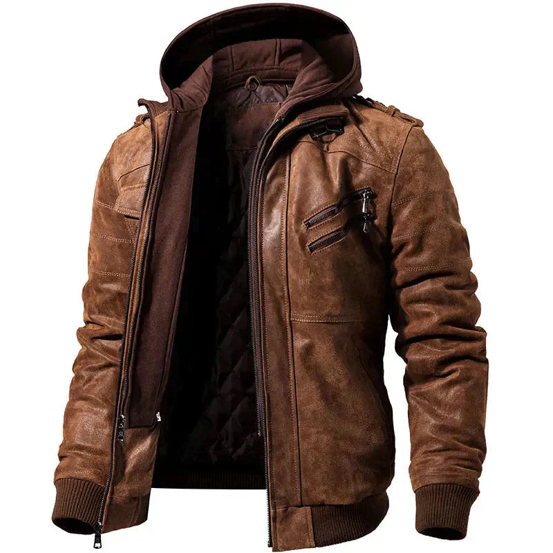 Herren Warme Lederjacke Mit Kapuze