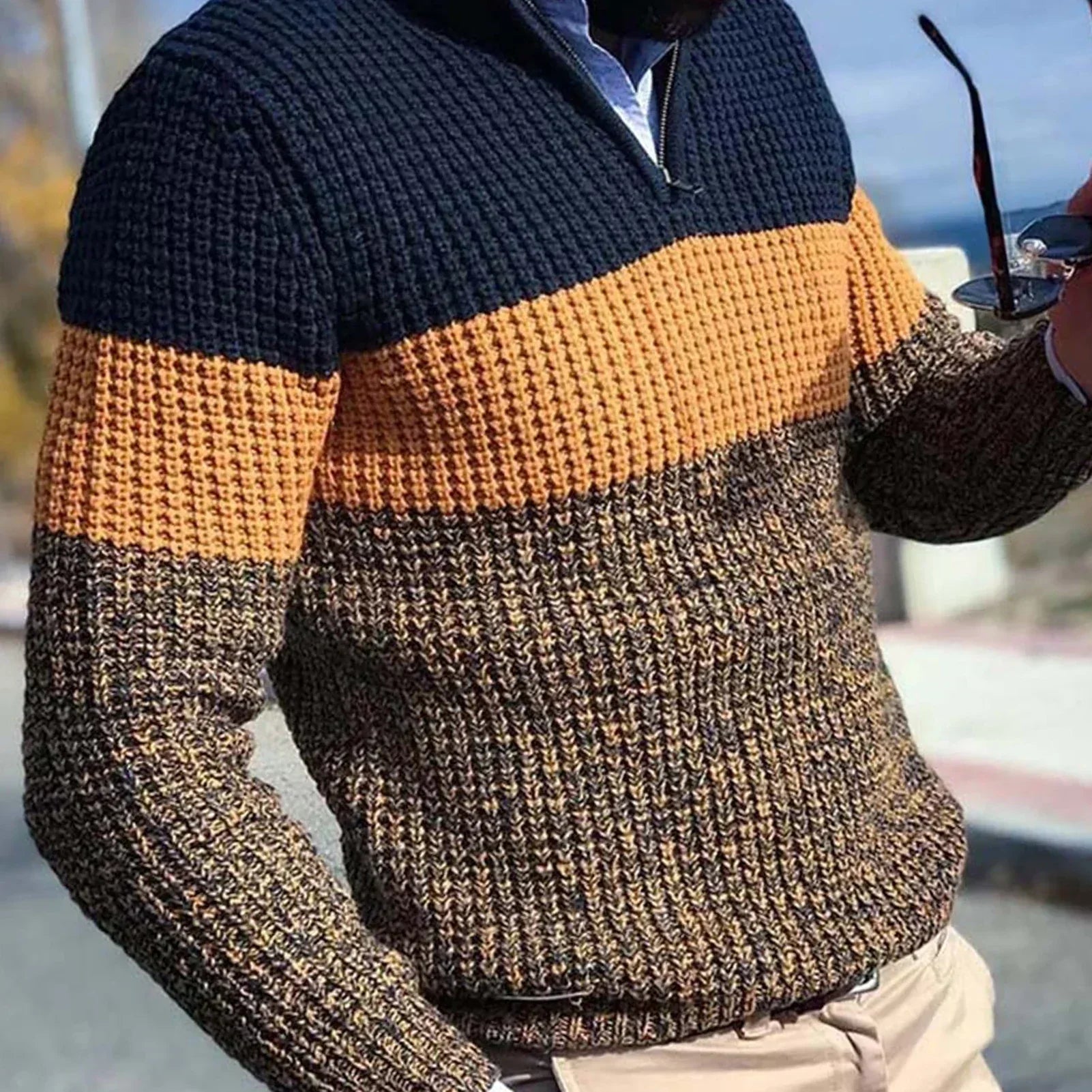 Herren warmer pullover mit viertelreißverschluss aus strick